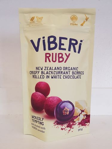 Viberi Rubi Blackcurrants rolled in white chocolate and Viberi powder