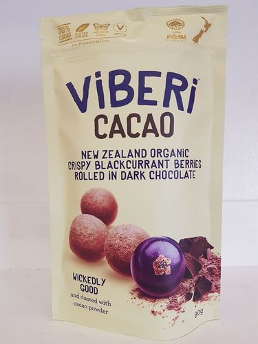Virberi Blackcurrants coated in dark chocolate dusted with cacao powder