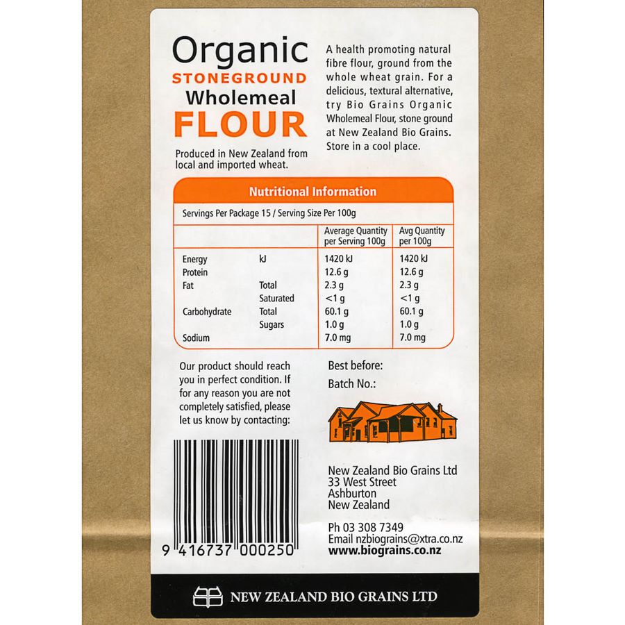 Certified Organic Wholemeal Flour Stoneground, Nutritional Information
